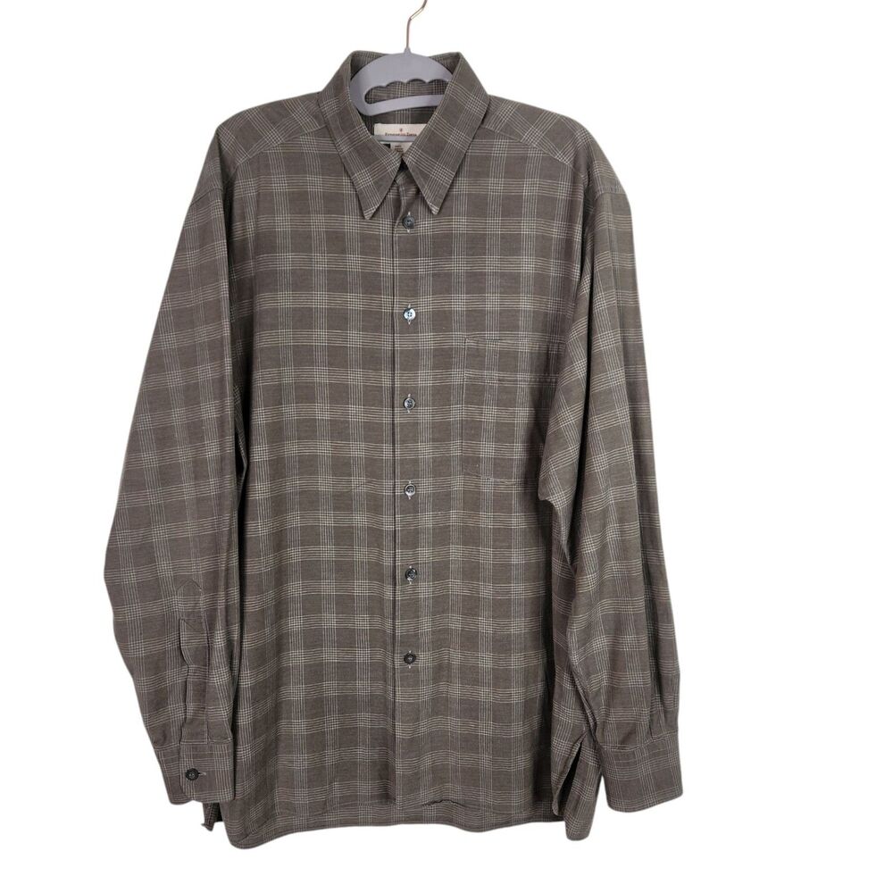 ERMENEGILDO ZEGNA Shirt Mens Medium Brown Gray Pocket Button Front Dress Top‎